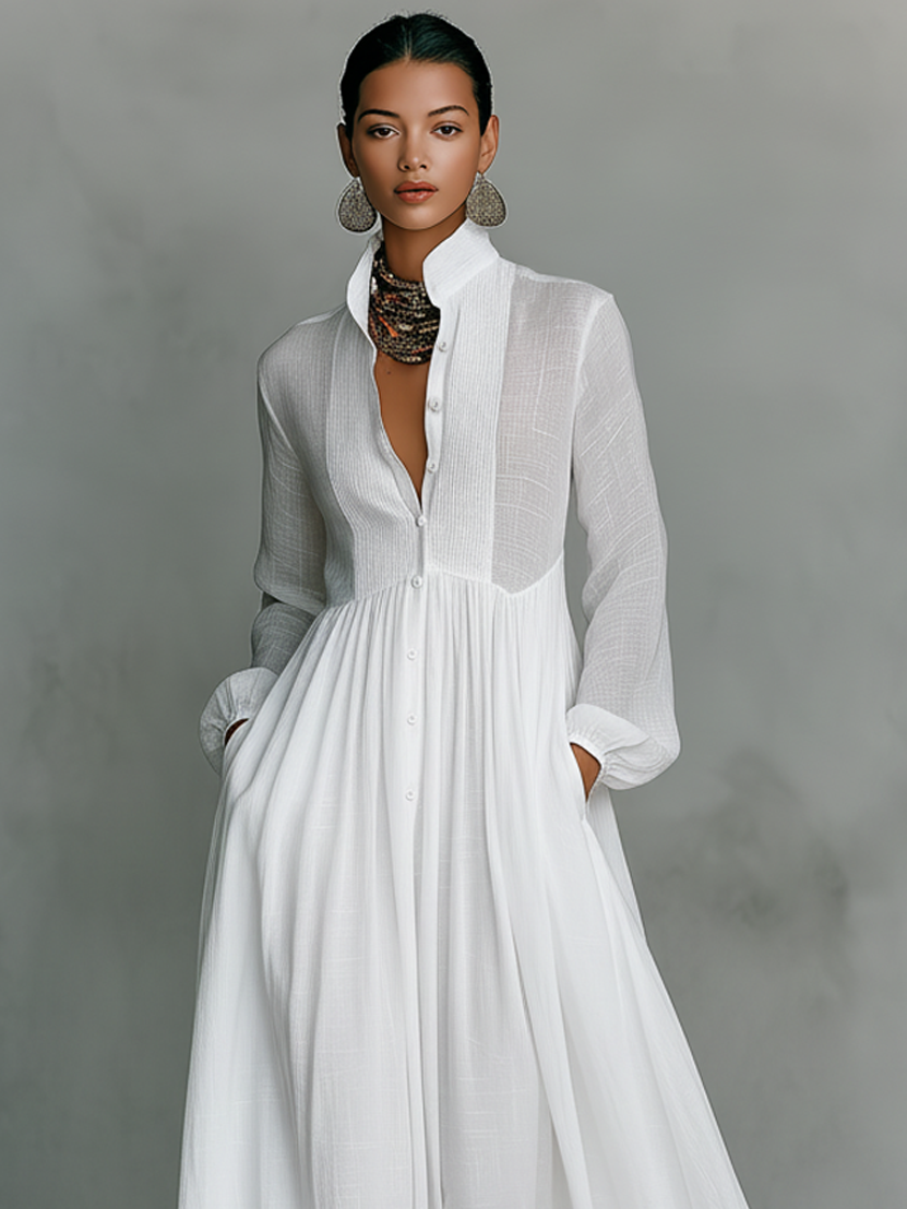 Mia | Maxi Minimalista in Cotone e Lino con Patchwork, Collo Alto e Maniche Lunghe