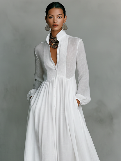 Mia | Maxi Minimalista in Cotone e Lino con Patchwork, Collo Alto e Maniche Lunghe